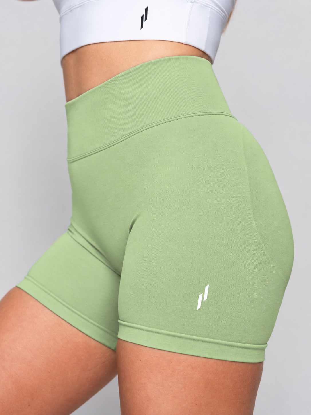 INSPIRE Pistachio Green Shorts, high-waisted squat-proof gym shorts, view 2 of 3